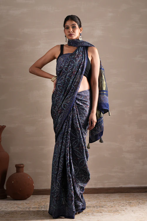 Sooti Syahi ' Marine Mirage' Hand Block Printed Modal Tissue Saree - Image 6