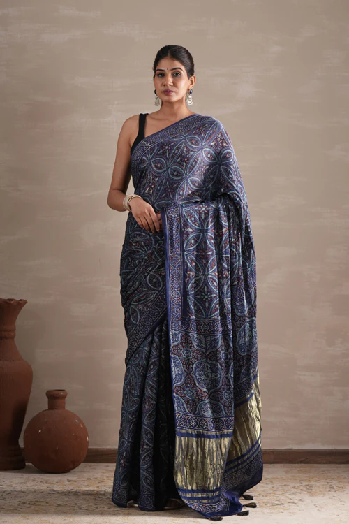 Sooti Syahi ' Marine Mirage' Hand Block Printed Modal Tissue Saree - Image 7