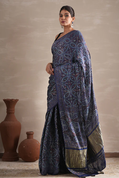 Sooti Syahi ' Marine Mirage' Hand Block Printed Modal Tissue Saree - Image 8