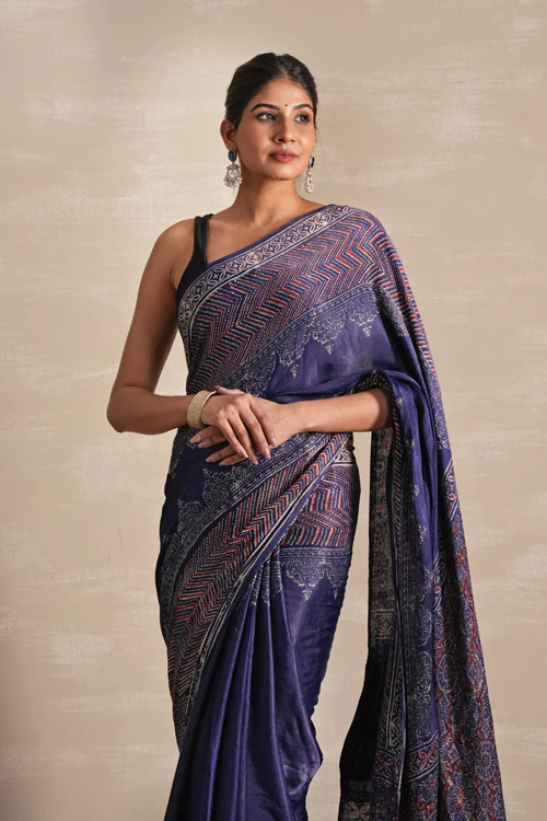 Sooti Syahi ' Midnight Serenade' Hand Block Printed Modal Tissue Saree - Image 4