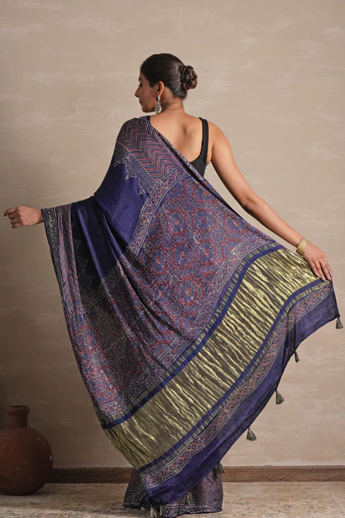 Sooti Syahi ' Midnight Serenade' Hand Block Printed Modal Tissue Saree - Image 5