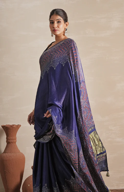 Sooti Syahi ' Midnight Serenade' Hand Block Printed Modal Tissue Saree - Image 6