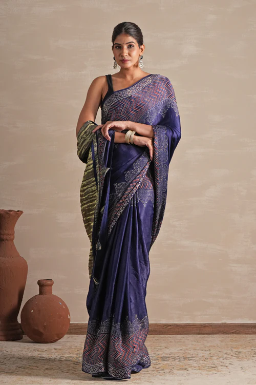 Sooti Syahi ' Midnight Serenade' Hand Block Printed Modal Tissue Saree - Image 7
