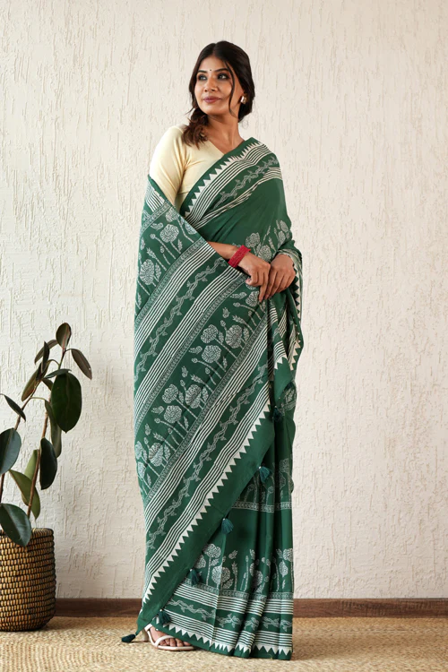 Sooti Syahi ' Moonlit Mirage' Hand Block Mul Cotton Saree - Image 10