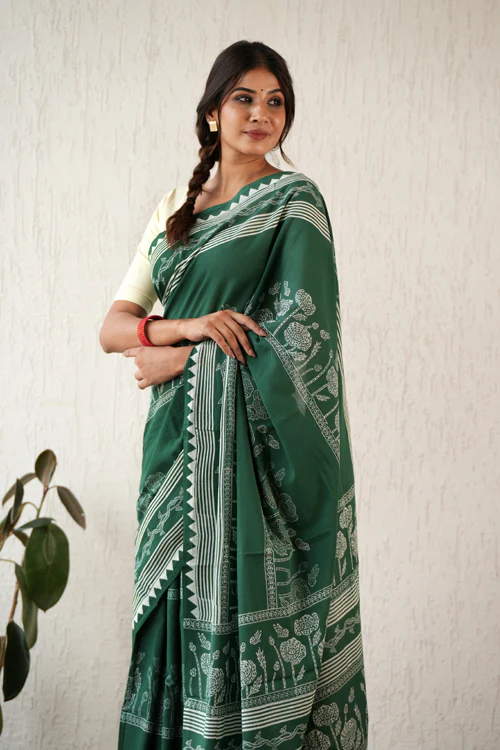 Sooti Syahi ' Moonlit Mirage' Hand Block Mul Cotton Saree - Image 3