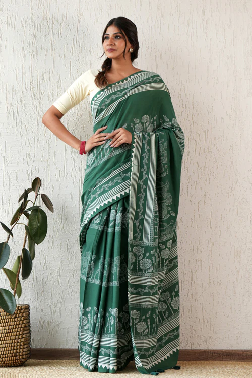 Sooti Syahi ' Moonlit Mirage' Hand Block Mul Cotton Saree - Image 6