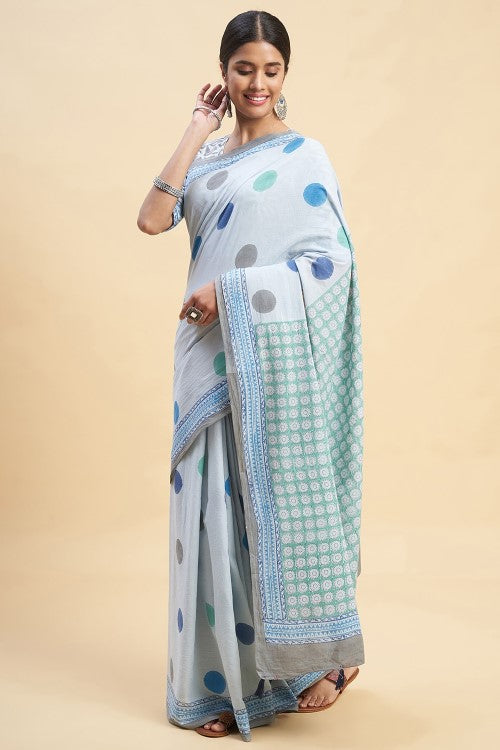 Sooti Syahi "Ocean Blue Pearls" Block Printed Cotton Saree