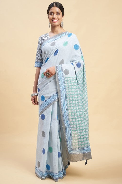 Sooti Syahi "Ocean Blue Pearls" Block Printed Cotton Saree - Image 2