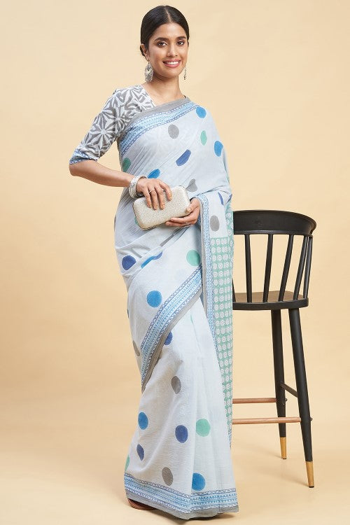 Sooti Syahi "Ocean Blue Pearls" Block Printed Cotton Saree - Image 4