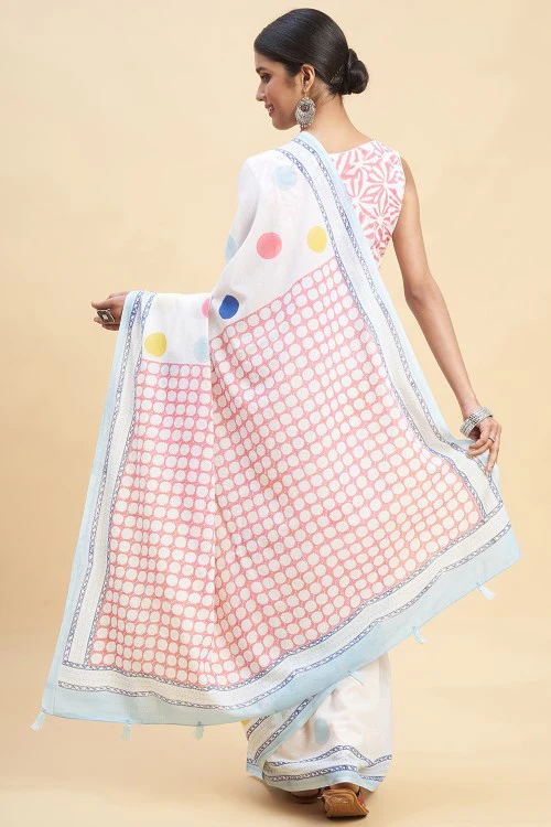Sooti Syahi "Ocean Pearls'' Block Printed Cotton Saree - Image 5
