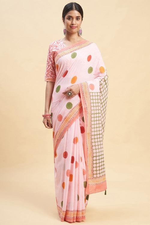Sooti Syahi "Ocean Pink Pearls'' Block Printed Cotton Saree