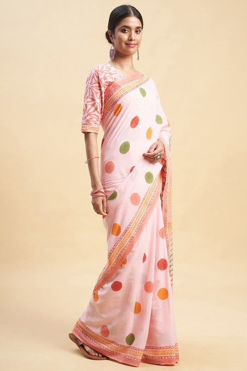 Sooti Syahi "Ocean Pink Pearls'' Block Printed Cotton Saree - Image 3