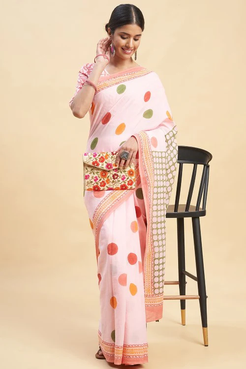 Sooti Syahi "Ocean Pink Pearls'' Block Printed Cotton Saree - Image 4