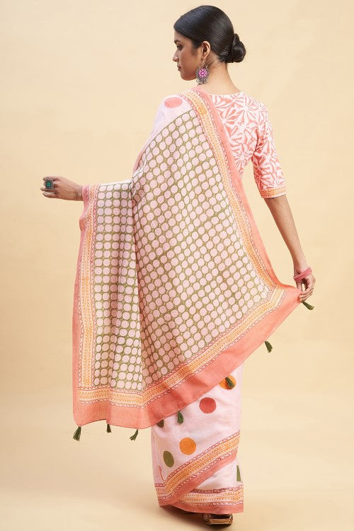Sooti Syahi "Ocean Pink Pearls'' Block Printed Cotton Saree - Image 5