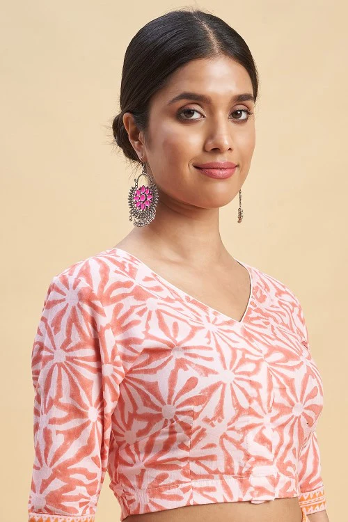 Sooti Syahi "Ocean Pink Pearls'' Block Printed Cotton Saree - Image 6