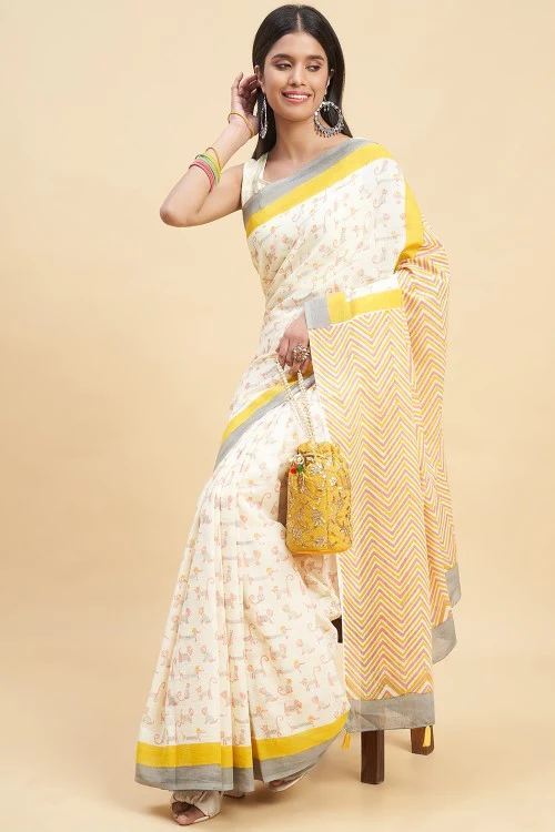 Sooti Syahi "Orange Kittens" Handblock Print Mul Cotton Saree