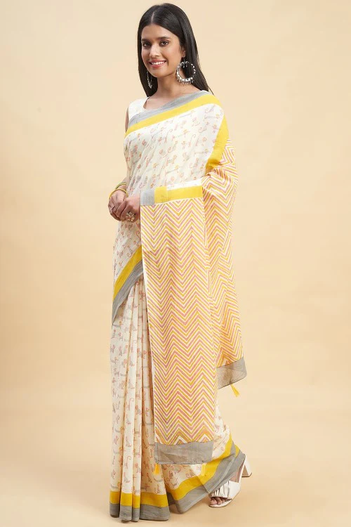 Sooti Syahi "Orange Kittens" Handblock Print Mul Cotton Saree - Image 4