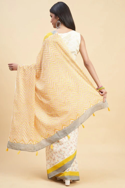 Sooti Syahi "Orange Kittens" Handblock Print Mul Cotton Saree - Image 6