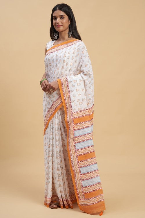 Sooti Syahi "Orange Penguins" Handblock Print Mul Cotton Saree - Image 3
