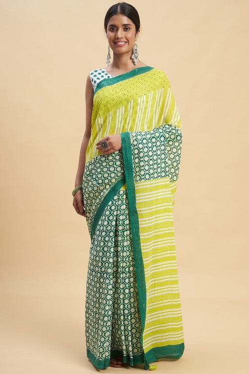 Sooti Syahi "Paradise Green" Handblock Print Mul Cotton Saree