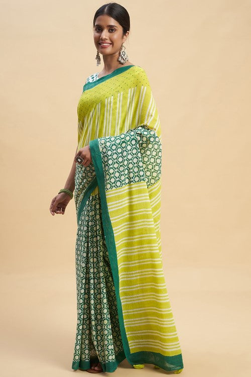 Sooti Syahi "Paradise Green" Handblock Print Mul Cotton Saree - Image 2