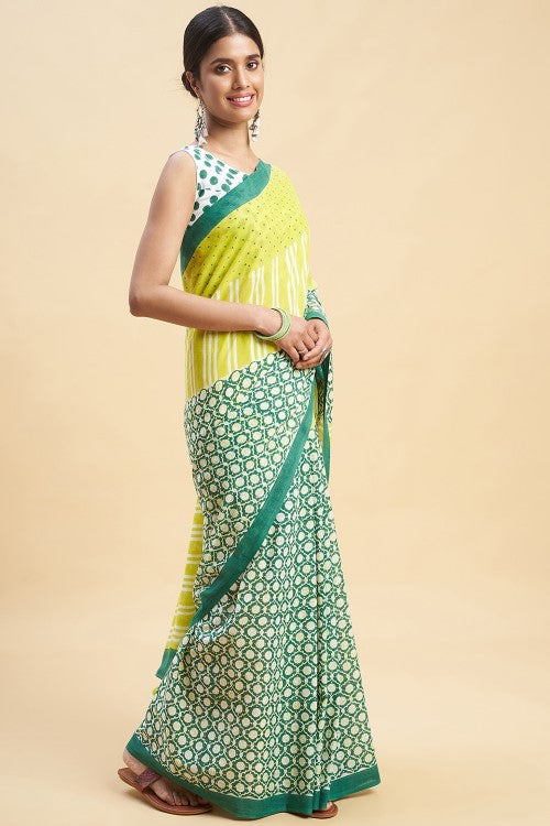 Sooti Syahi "Paradise Green" Handblock Print Mul Cotton Saree - Image 3