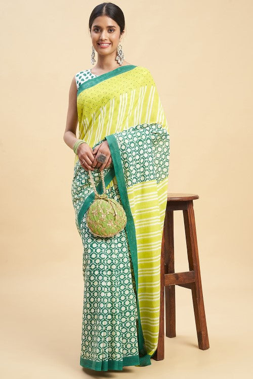 Sooti Syahi "Paradise Green" Handblock Print Mul Cotton Saree - Image 4