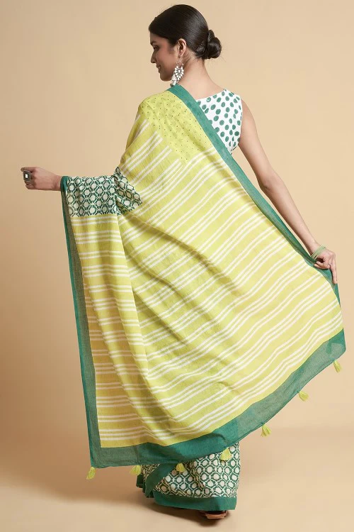 Sooti Syahi "Paradise Green" Handblock Print Mul Cotton Saree - Image 5