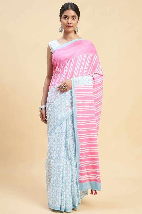 Sooti Syahi "Paradise Pink" Handblock Print Mul Cotton Saree