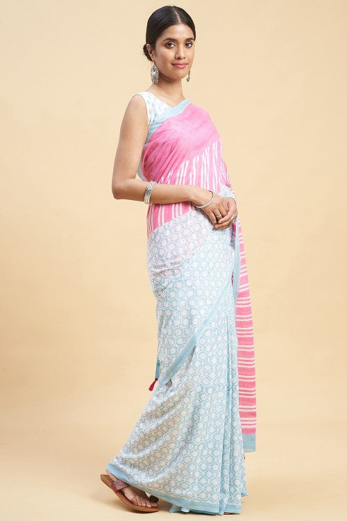 Sooti Syahi "Paradise Pink" Handblock Print Mul Cotton Saree - Image 3