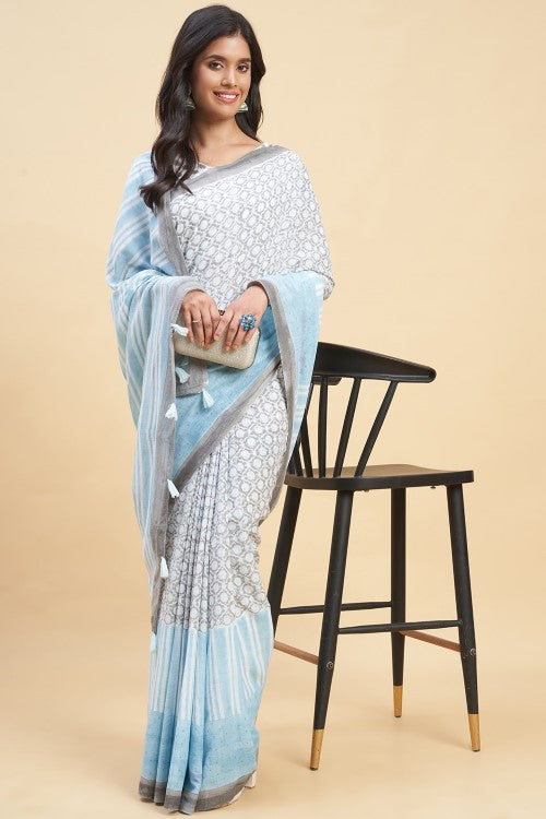 Sooti Syahi "Paradise Sky Blue" Handblock Print Mul Cotton Saree - Image 4