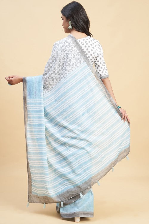 Sooti Syahi "Paradise Sky Blue" Handblock Print Mul Cotton Saree - Image 5