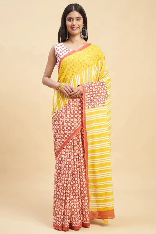 Sooti Syahi "Paradise Yellow" Handblock Print Mul Cotton Saree