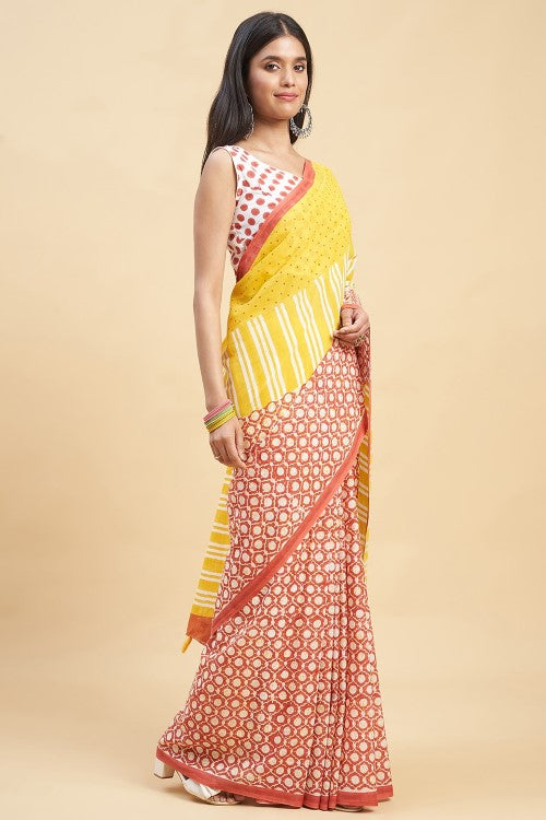 Sooti Syahi "Paradise Yellow" Handblock Print Mul Cotton Saree - Image 3