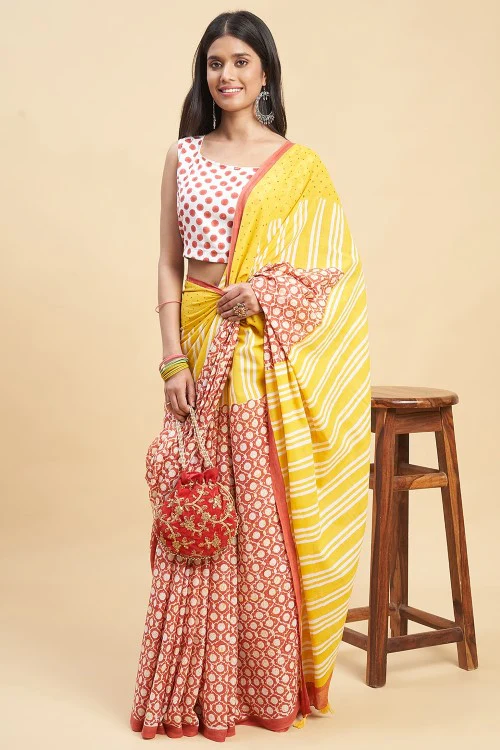 Sooti Syahi "Paradise Yellow" Handblock Print Mul Cotton Saree - Image 4