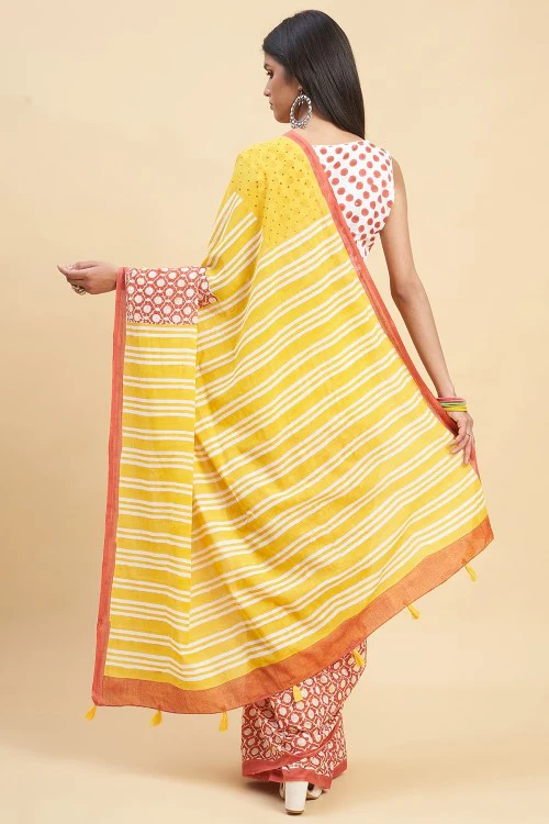 Sooti Syahi "Paradise Yellow" Handblock Print Mul Cotton Saree - Image 5