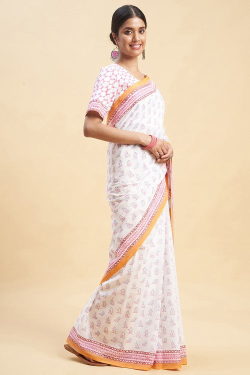Sooti Syahi "Pink Penguins'' Block Printed Cotton Saree - Image 5