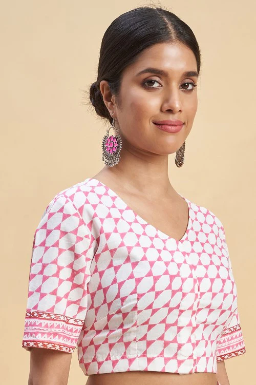 Sooti Syahi "Pink Penguins'' Block Printed Cotton Saree - Image 8