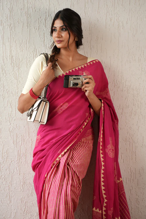Sooti Syahi ' Serene Meadows' Hand Block Mul Cotton Saree - Image 3