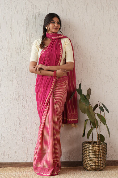 Sooti Syahi ' Serene Meadows' Hand Block Mul Cotton Saree - Image 5