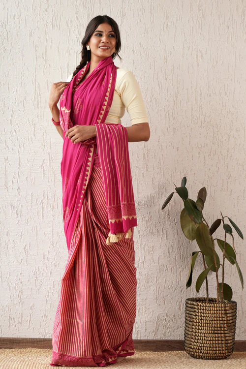 Sooti Syahi ' Serene Meadows' Hand Block Mul Cotton Saree - Image 6