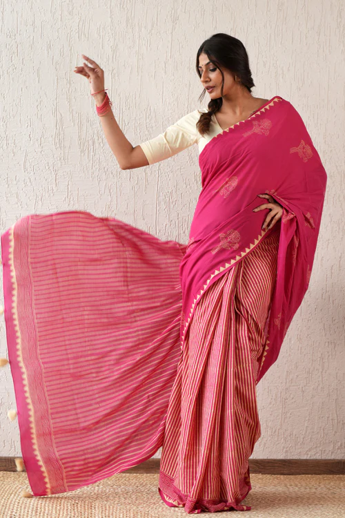 Sooti Syahi ' Serene Meadows' Hand Block Mul Cotton Saree - Image 8