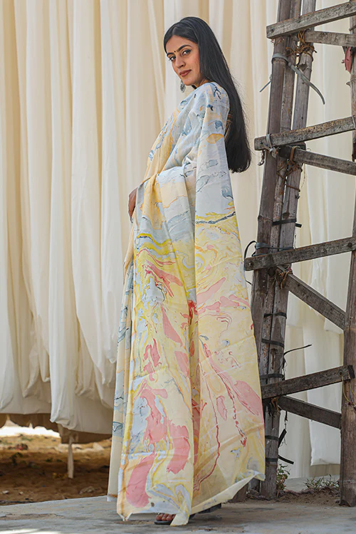 Sooti Syahi Sorbet Lemons : Hand Marble Printed Chanderi Silk Saree - Image 3