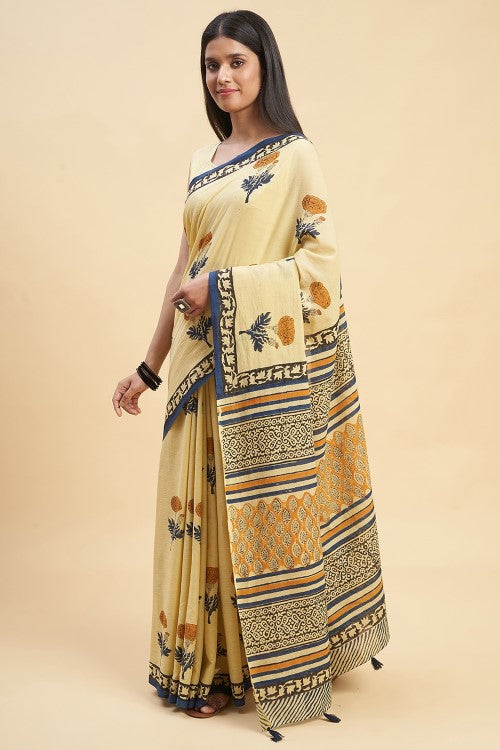Sooti Syahi "Toffee Rose" Handblock Print Mul Cotton Saree - Image 2
