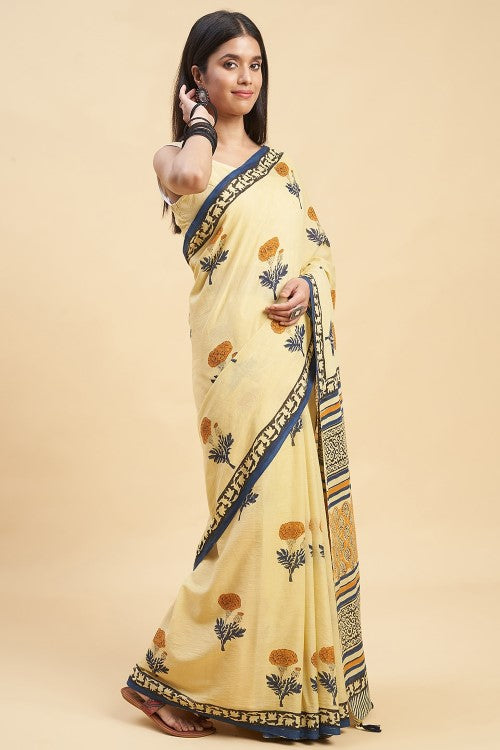 Sooti Syahi "Toffee Rose" Handblock Print Mul Cotton Saree - Image 3