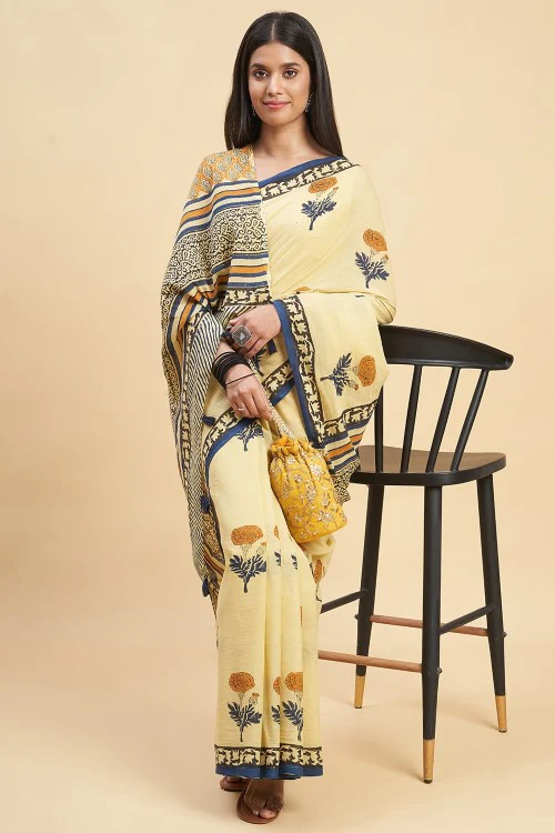 Sooti Syahi "Toffee Rose" Handblock Print Mul Cotton Saree - Image 4