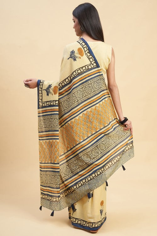 Sooti Syahi "Toffee Rose" Handblock Print Mul Cotton Saree - Image 5