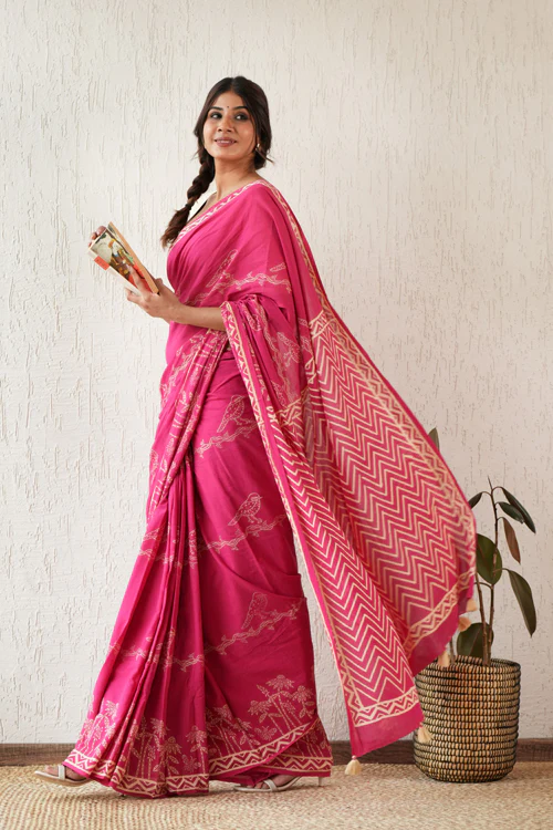 Sooti Syahi ' Twilight Harmony' Hand Block Mul Cotton Saree - Image 4