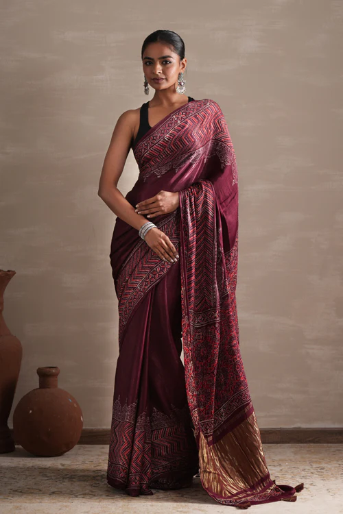 Sooti Syahi ' Vermilion Veil' Hand Block Printed Modal Tissue Saree