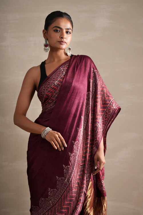 Sooti Syahi ' Vermilion Veil' Hand Block Printed Modal Tissue Saree - Image 2